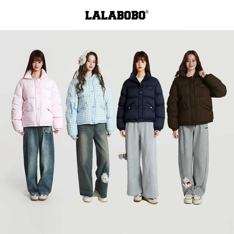 LALABOBO【商场同款】白鸭绒羽绒服25年冬新潮原创格子外套女RBED-WSYR16 深蓝 S