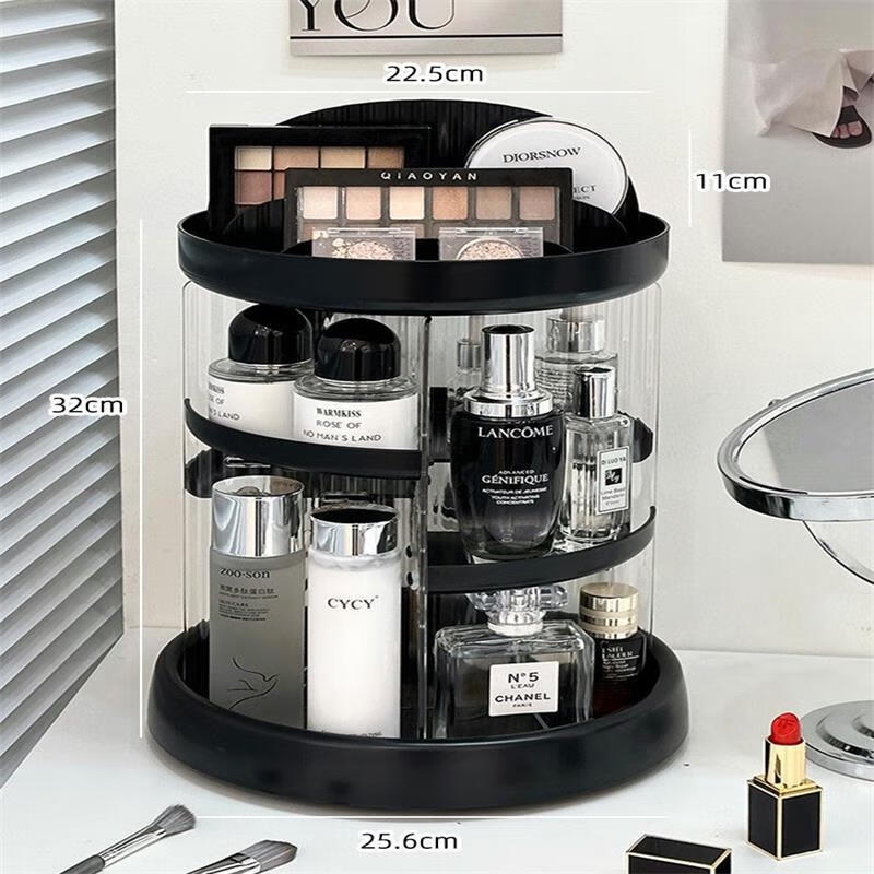 薇爱旋转化妆品收纳盒大容量梳妆台护肤品置物架亚克力桌面香水整理架 透黑-旋转置物架