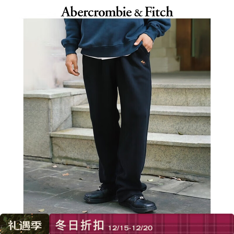 Abercrombie &amp; Fitch小麋鹿图案美式保暖抓绒直筒卫裤长裤25秋冬新款男装134-5142 黑色 M (180/80A) 偏大偏长，建议小一码