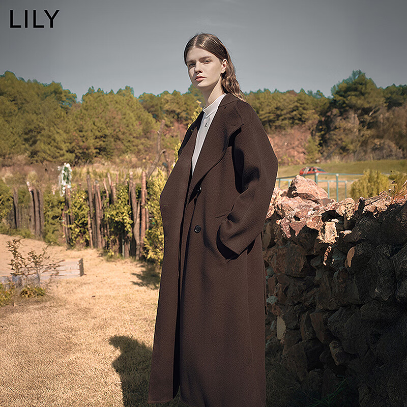 LILY【大師法奢】煙囪領(lǐng)大衣LILY毛呢外套女2025冬季新款雙面綿羊毛 711深咖啡 S