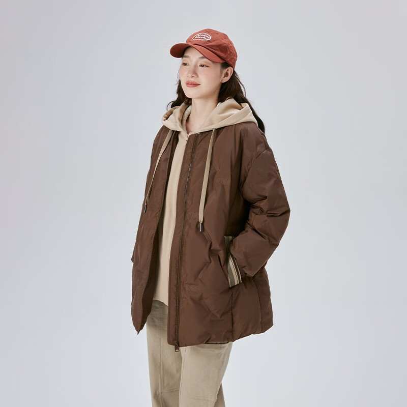 艾莱依冬季爆款假两件羽绒服女连帽宽松时尚保暖棒球服外套反季 蜜茶棕 L (165) 88a