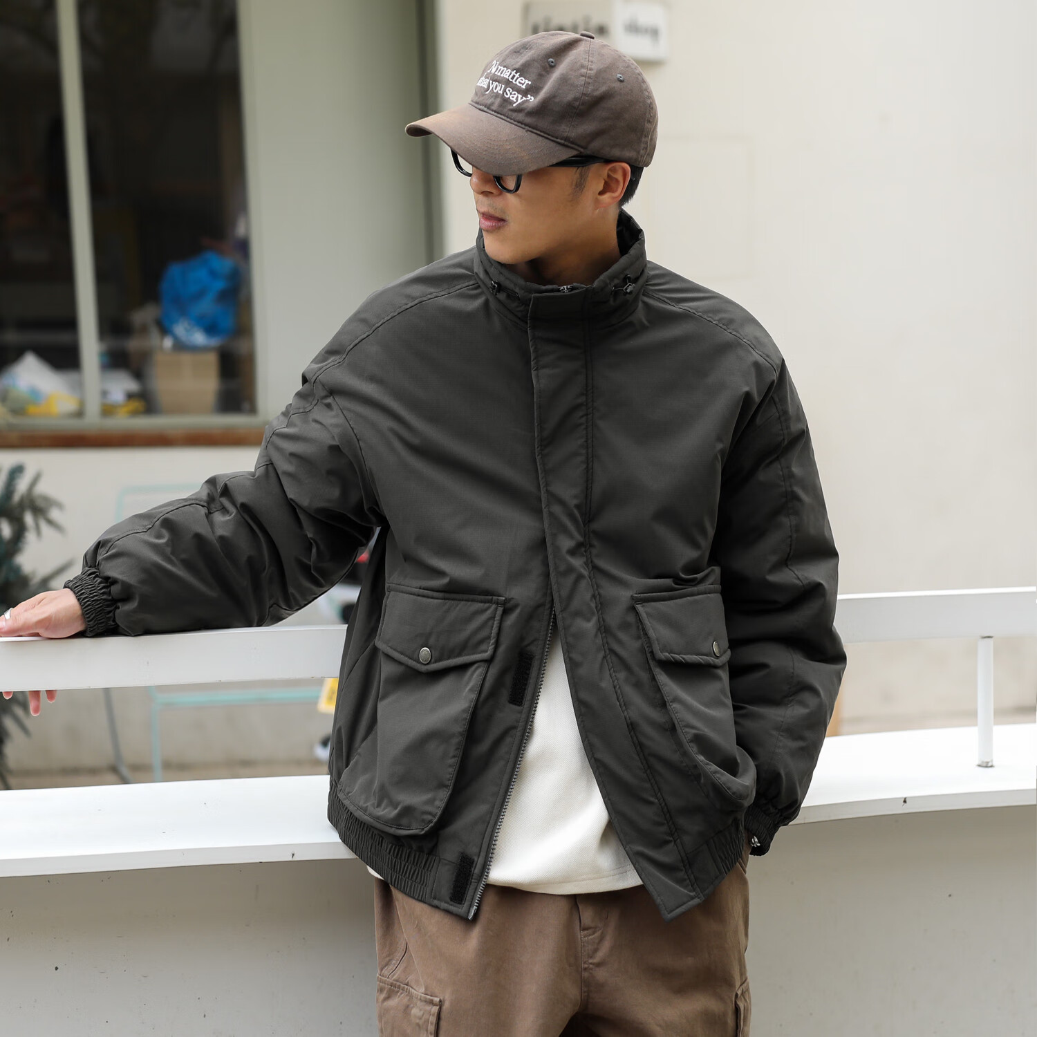 嘿马七作日系复古冬季格纹肌理棉衣潮牌男士宽松休闲大口袋工装棉服外套 深灰色 S