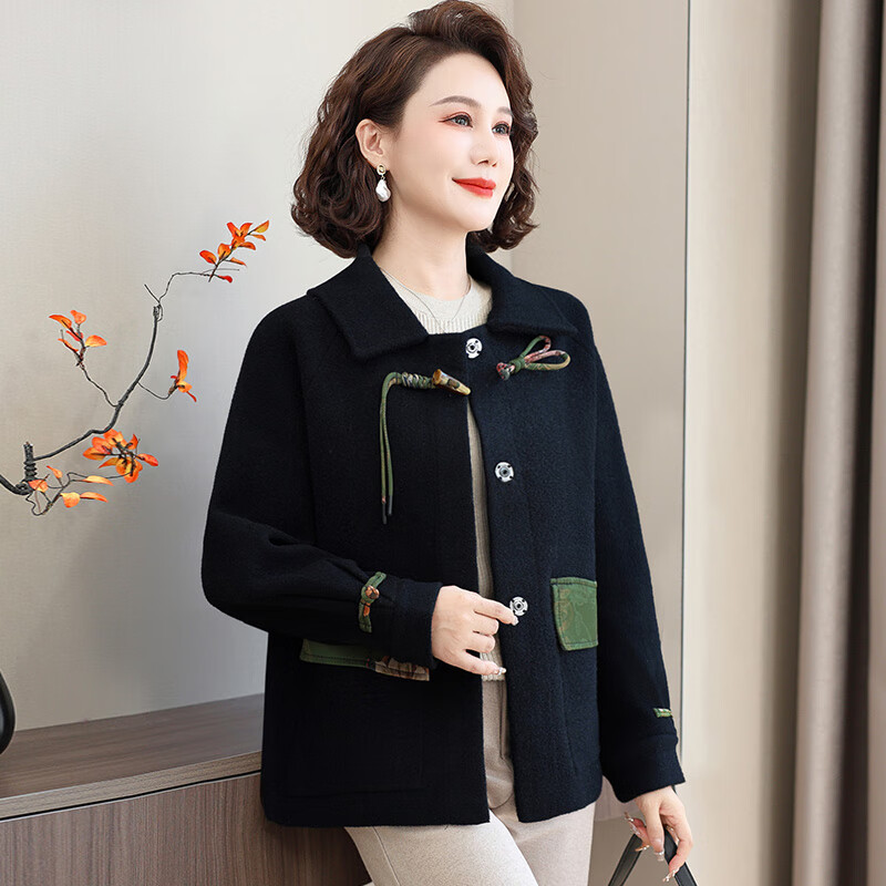 兰铂丽斯中年女装时尚水貂绒大衣秋冬季洋派外套气质妈妈春装高贵呢子上衣 黑色 厚款 2XL 110-120斤