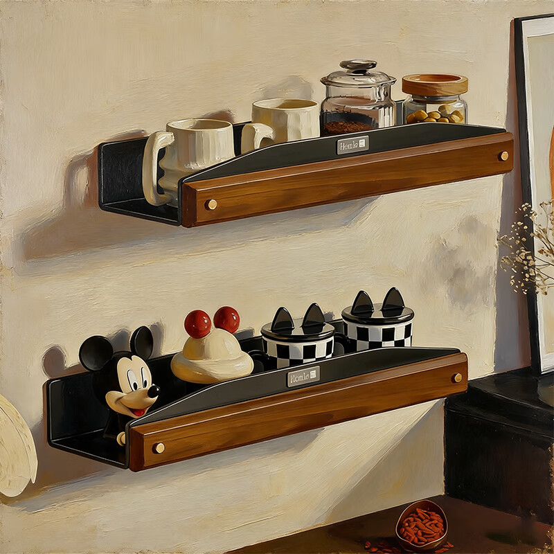 尔思家实木置物架多功能墙上置物架杯架墙上免打孔收纳架墙面免安装架子 胡桃木