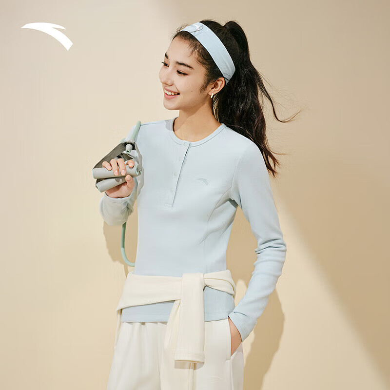 安踏超模T丨加绒小蛮腰修身长袖亨利衫长t恤女夏季打底衫内搭上衣 晶莹蓝-4 【绵软亲肤】 S (160) /适合90-110斤