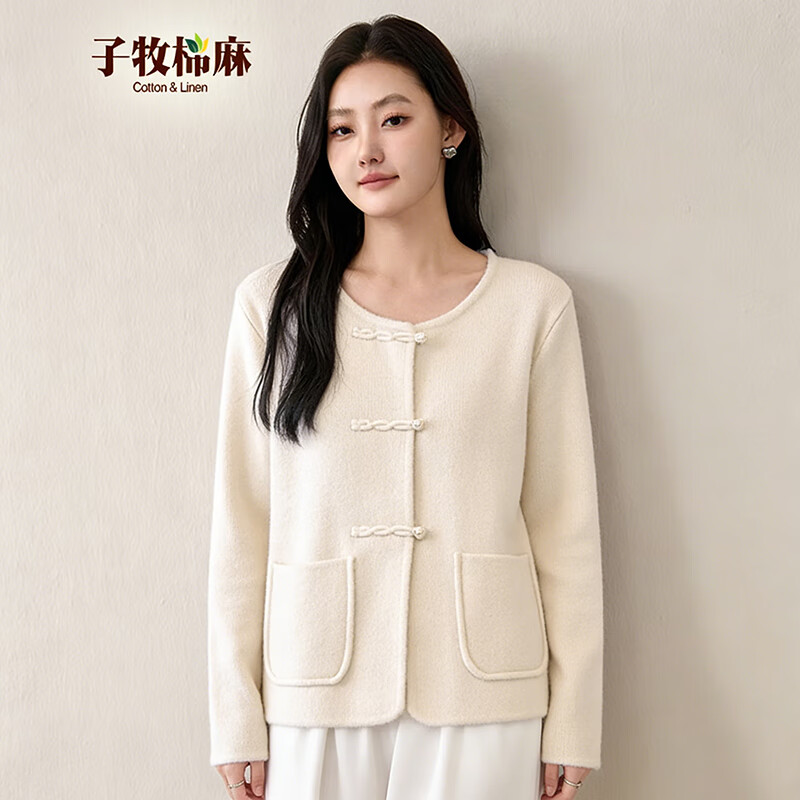 子牧棉麻2025秋装 女小香风针织外套新中式国风盘扣上衣开衫5589 米白色 均码 (建议95-140斤)