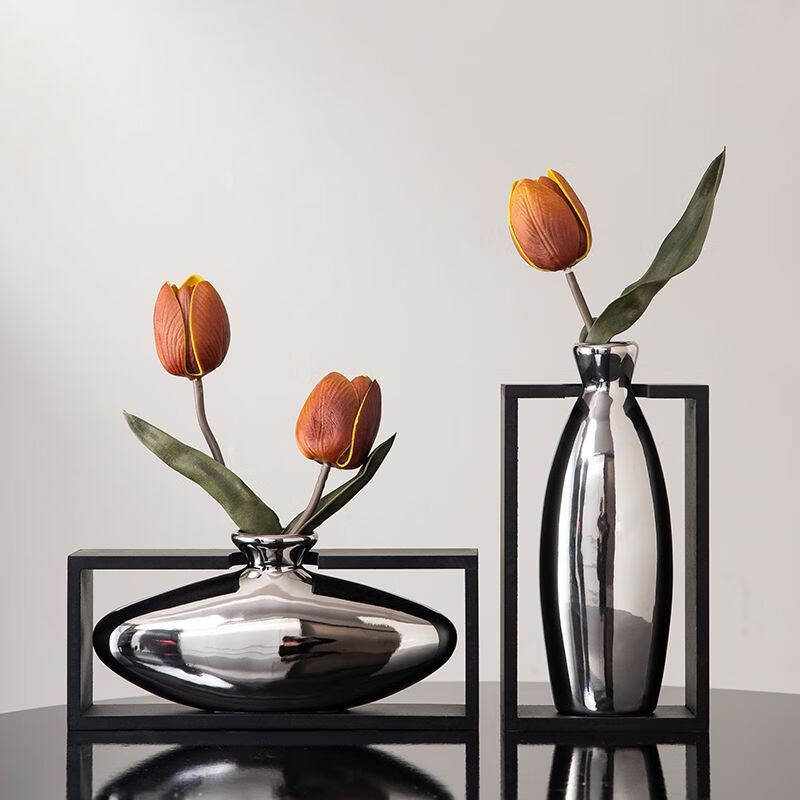 OYKTN客厅摆件装饰品轻奢高档家居饰品电视柜酒柜现代新房装饰茶几创意 方艺银色一对+手感郁金香3咖