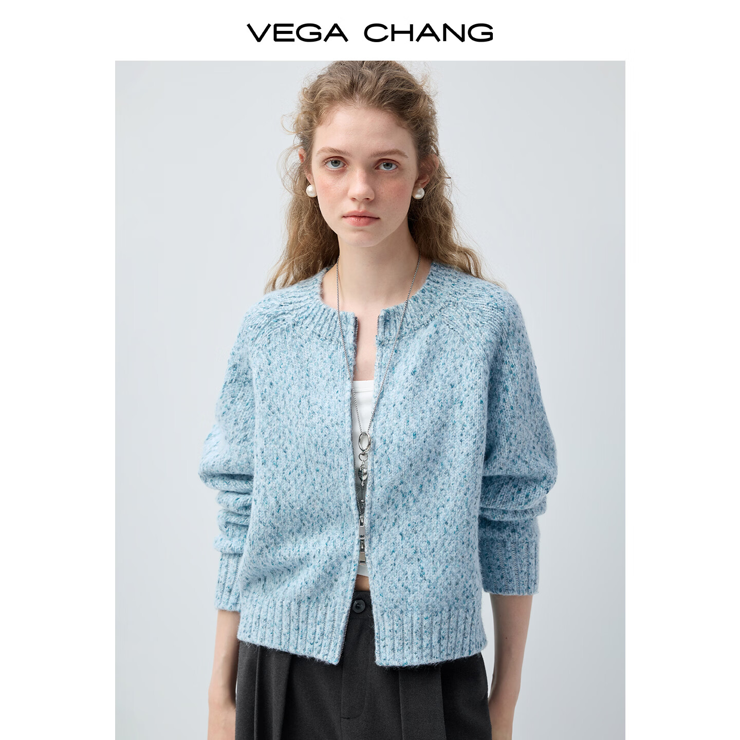 VEGA CHANG【青绒雾织】圆领浅蓝斑驳针织开衫女2026新款春季毛衣 浅水蓝 常规 S