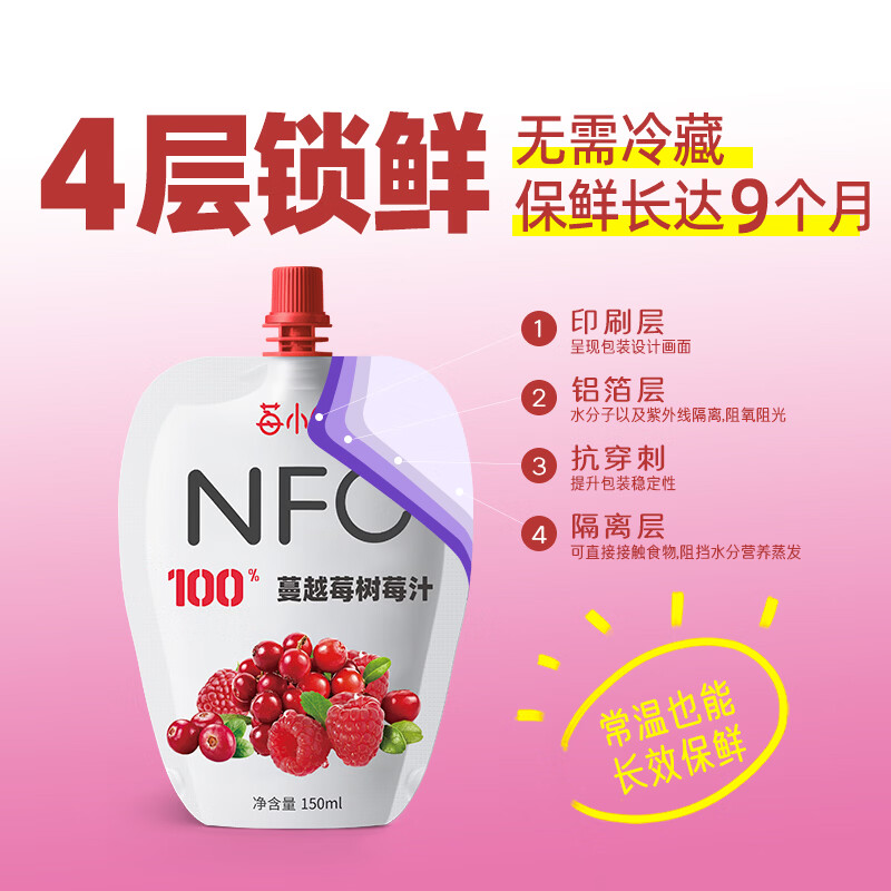 莓小仙NFC100%纯蔓越莓树莓汁 果汁饮料 0脂0添加蔗糖 整箱装150ml*10袋 2箱装(150ml*20袋)+送2袋