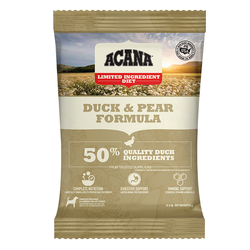 愛肯拿（ACANA）狗粮试用装 鸭肉梨清火低敏去泪痕全价通用进口狗粮85g 效期26/12