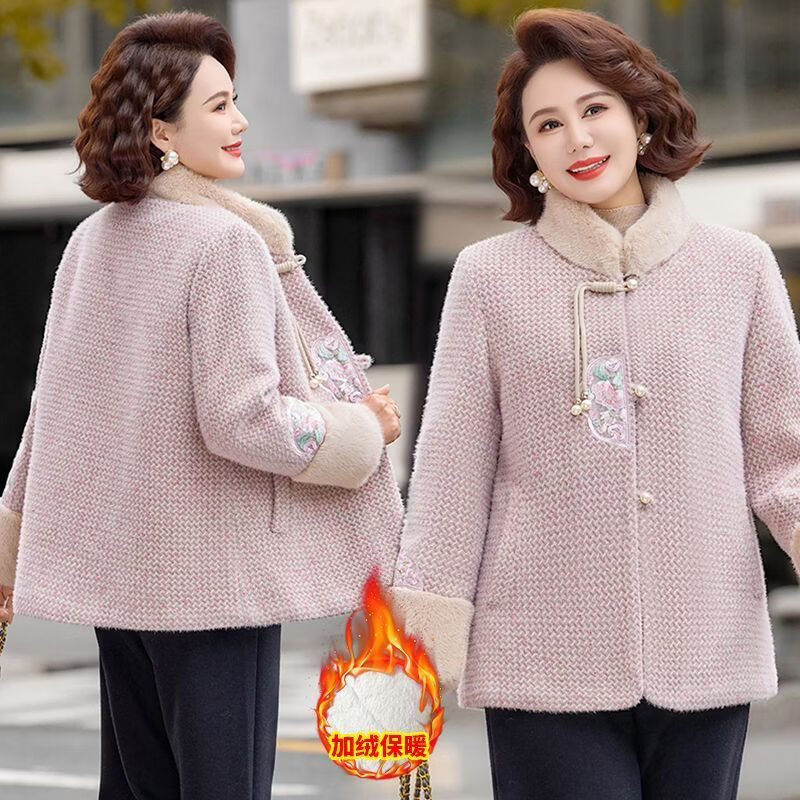 妈妈冬装高贵洋气中式短款毛呢外套中老年女装新款加绒加厚上衣女 灰绿色 XL 建议90-105斤