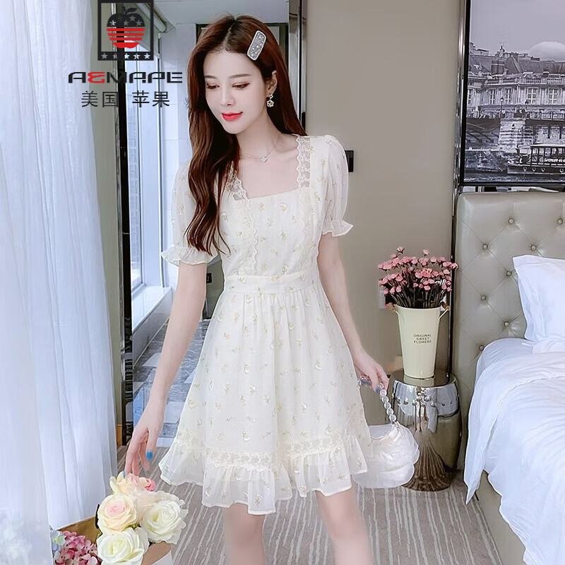 AEMAPE雪纺碎花连衣裙女装夏装2025年新款小个子初恋短裙气质收腰仙女裙 杏色 L -105-120斤