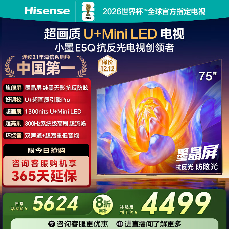 海信电视E5Q 75英寸 抗反光防眩光墨晶屏 U+Mini LED  300Hz高刷 U+超画质引擎Pro 国家补贴 75E5Q