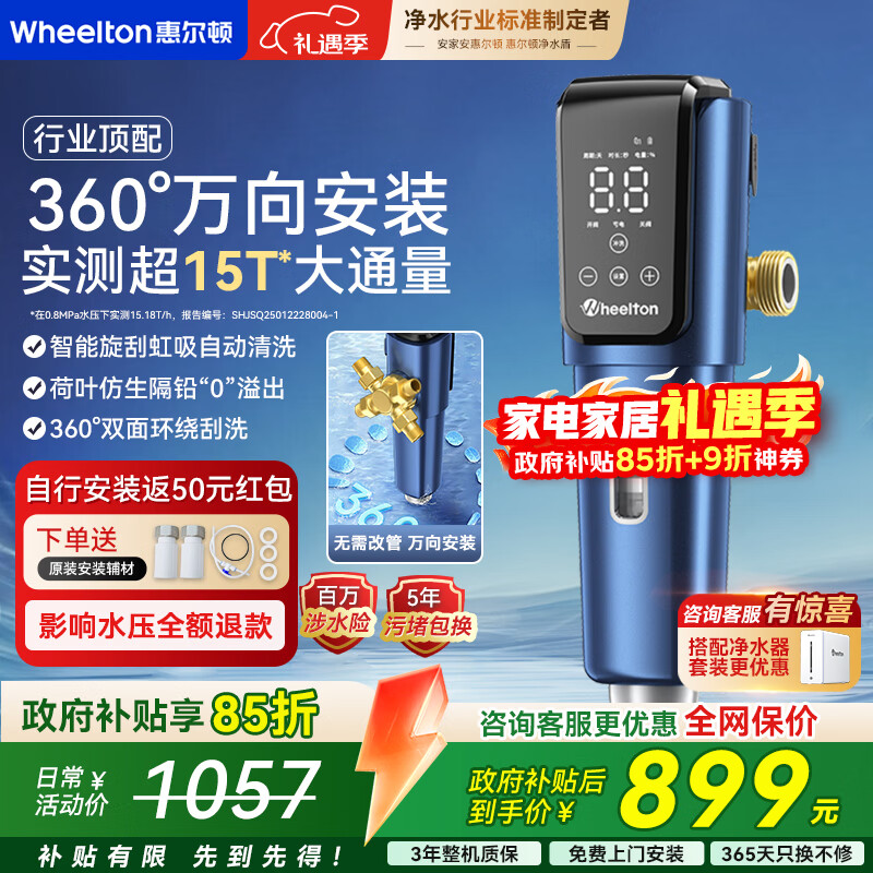 惠尔顿（WHEELTON）万向前置过滤器全自动清洗反冲洗防爆15T大流量电动刮洗全屋家用净水器自来水入户滤水器P0063PLUS