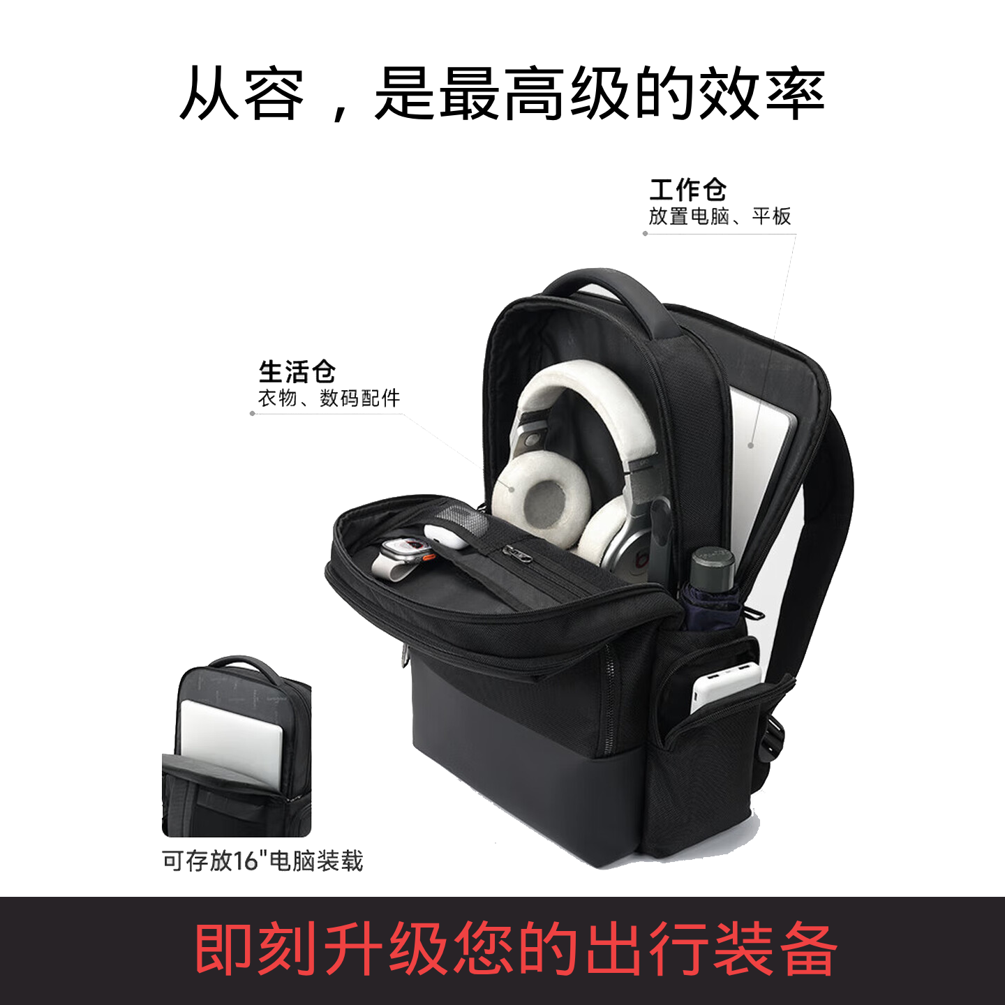 新秀丽（Samsonite）男士双肩包16英寸笔记本电脑包 大容量书包背包 商务通勤出差旅行 黑色(广州仓发货顺丰物流) 可装16英寸电脑