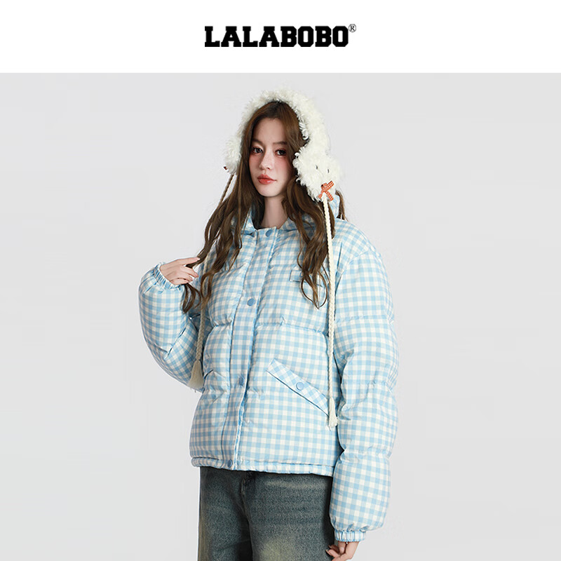 LALABOBO【商场同款】白鸭绒羽绒服25年冬新潮原创格子外套女RBED-WSYR16 蓝色 S