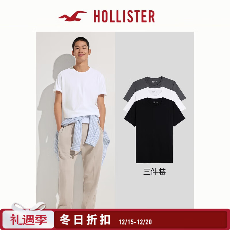 HOLLISTER经典小海鸥图案25夏3件装棉质正肩T恤男女装324-5118 黑白灰 L (180/108A)