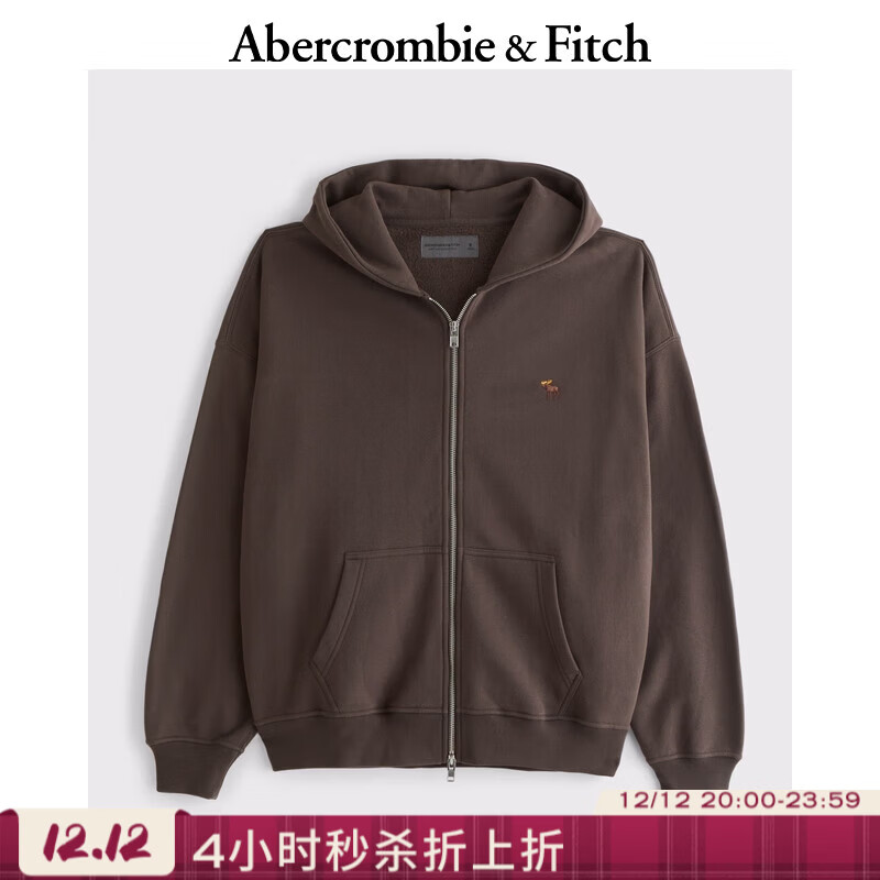 Abercrombie &amp; Fitch小麋鹿图案保暖抓绒宽松廓形卫衣外套25秋冬男装122-5540 深棕色 L (180/108A)