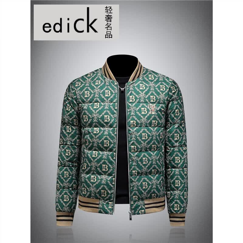 Edick意大利风品牌棒球领羽绒服男外套2025新款潮流短款修身冬季羽绒服 绿色 M （100-120斤）