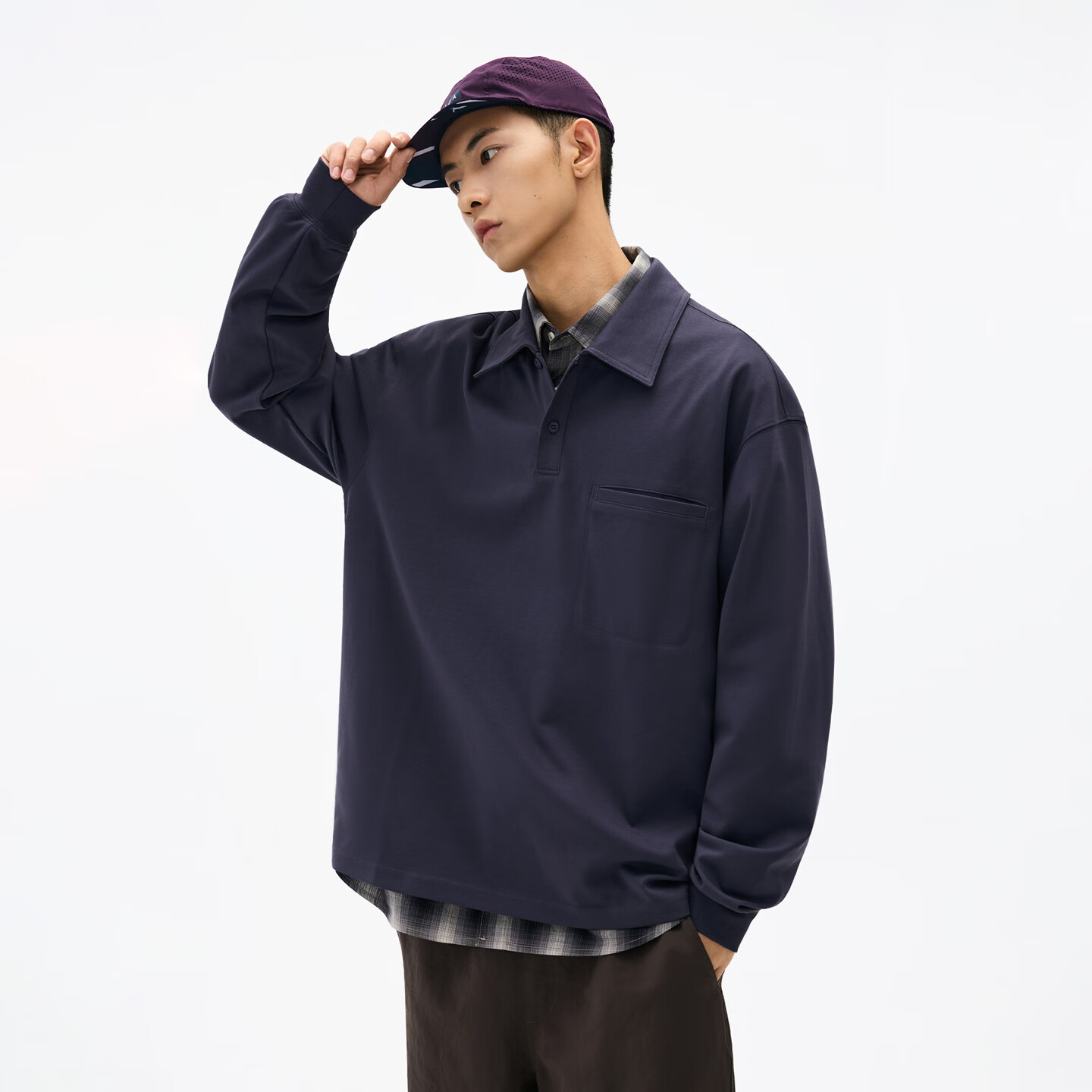 熊猫·本（ben.panda）男士休闲纯色翻领polo领长袖T恤男宽松上衣2026春季新款 葡萄紫 M