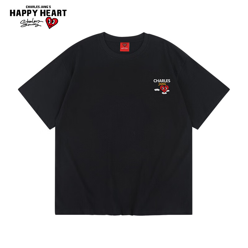 查尔斯桃心cleanfit极简桃心印花基础款纯棉T恤休闲宽松短袖情侣男女同款 黑色 XL