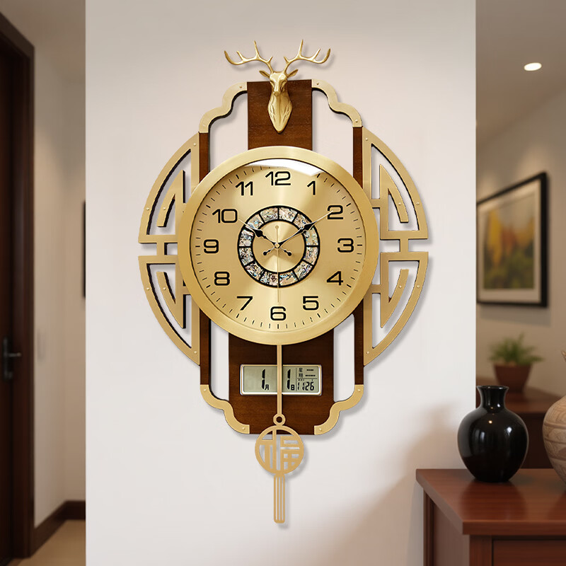 漢時（Hense）新中式黃銅福鹿掛鐘鐘表客廳高端大氣壁鐘萬年歷時鐘擺鐘HP6191 黃銅外框+萬年歷顯示