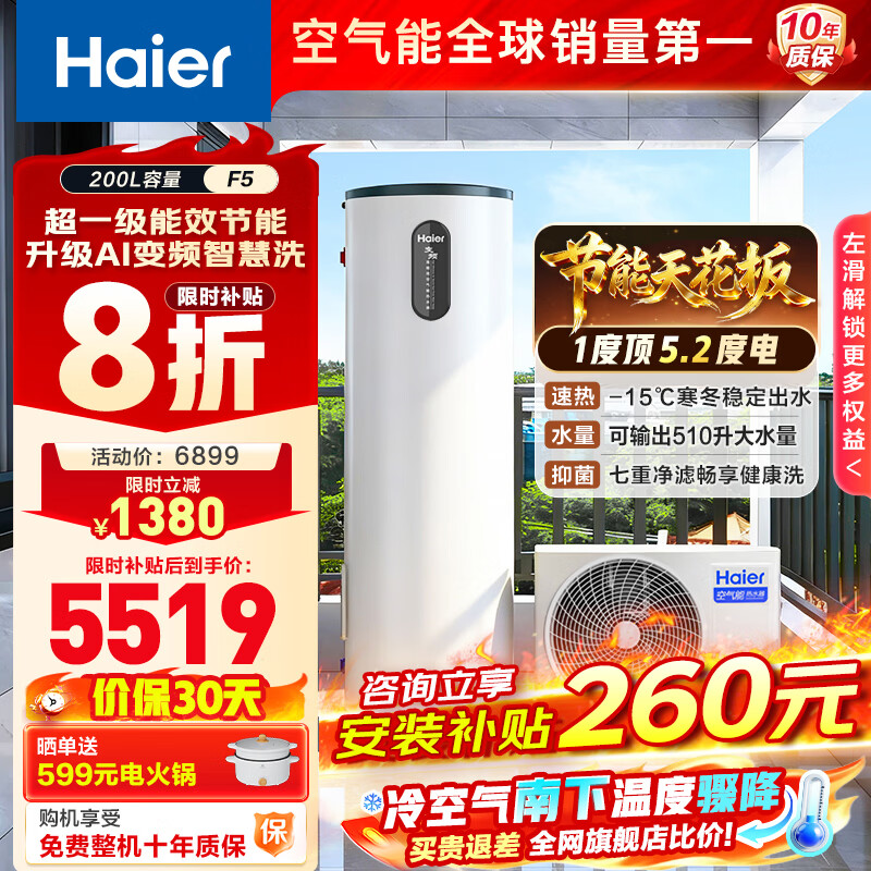 ������Haier���������컨��F5����������ˮ��200�����ñ�Ƶ�縨һ����Ч�ȱá���ѯ�ͷ�8�ۡ����Ű�װ��4~6�ˣ�  200L��1�ȶ�5.2�ȵ硿F5 5183.61Ԫ