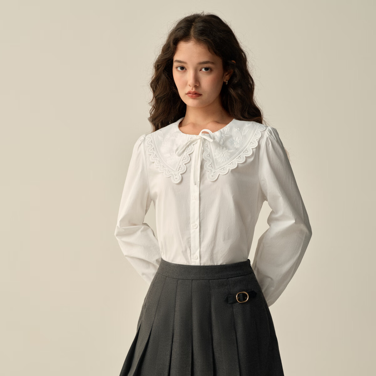 ELAND【100%棉】衣恋衬衫女气质荷叶领长袖上衣2025秋季新款 象牙白/白色(39)Ivory M /165