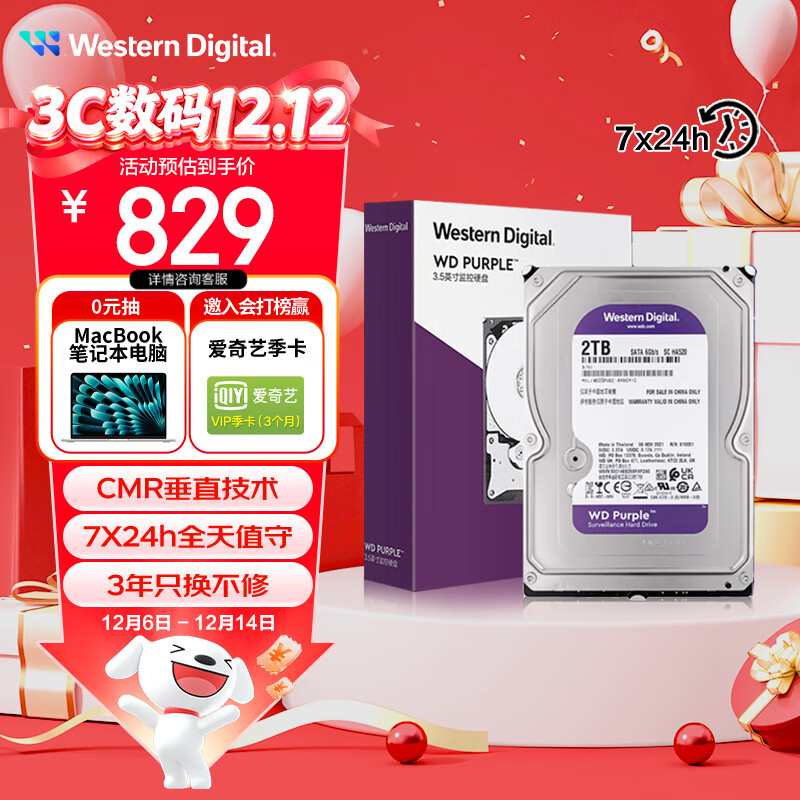 西部数据（WD）2TB 监控级机械硬盘 WD Purple 西数紫盘 SATA 64MB CMR垂直 安防存储 3.5英寸 WD23PURZ