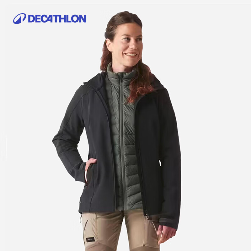 迪卡侬MT500 女士山地徒步防风保暖软壳外套黑色M-4002453