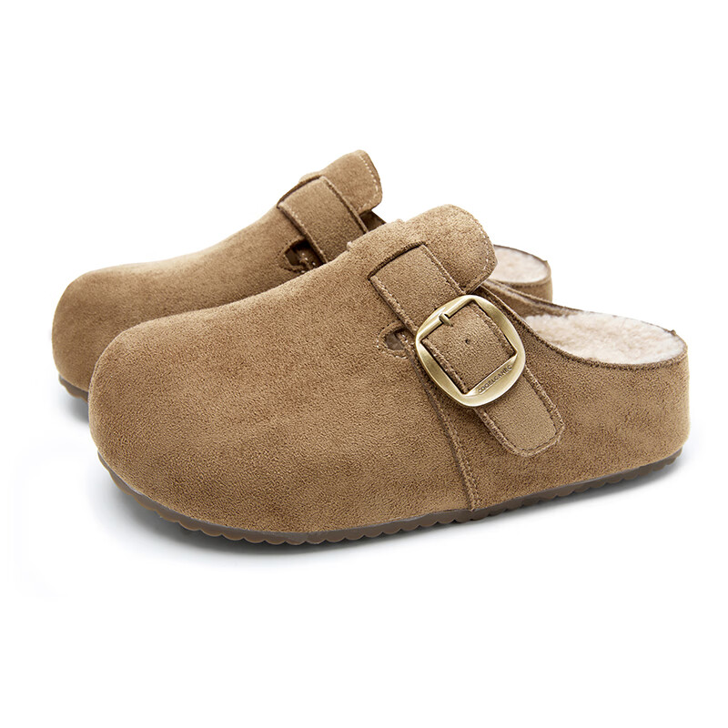 西遇（Westlink）厚底加绒勃肯鞋女冬季新款一脚蹬包头半拖鞋外穿毛毛棉拖 卡色 38 (240)