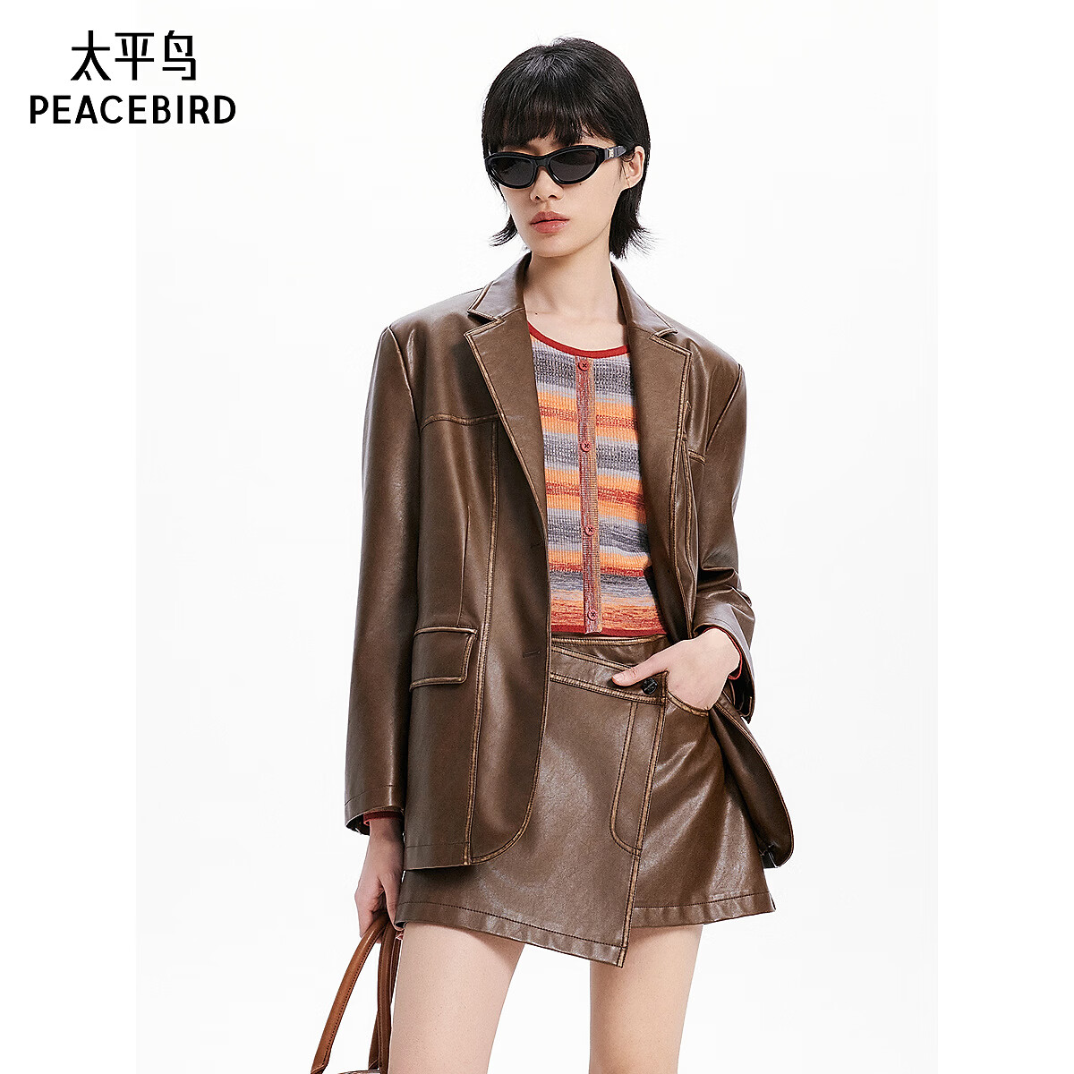太平鸟女装外套秋季款擦色PU皮衣女品质夹克上衣宽松 棕色 L