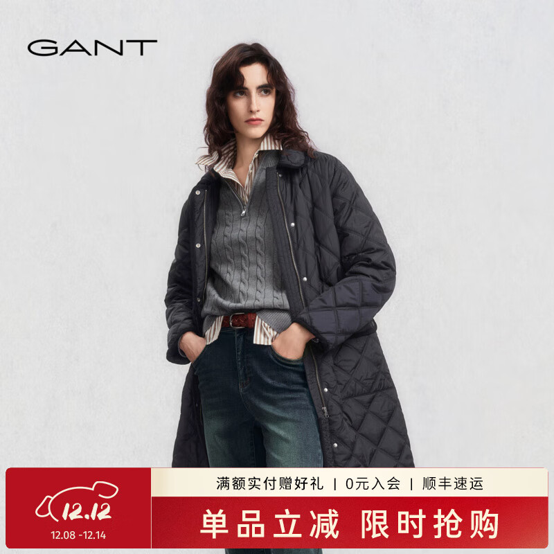 GANT/甘特25秋季新款女士轻薄中长款棉服撞色翻领易打理御寒外套 500-黑色 M