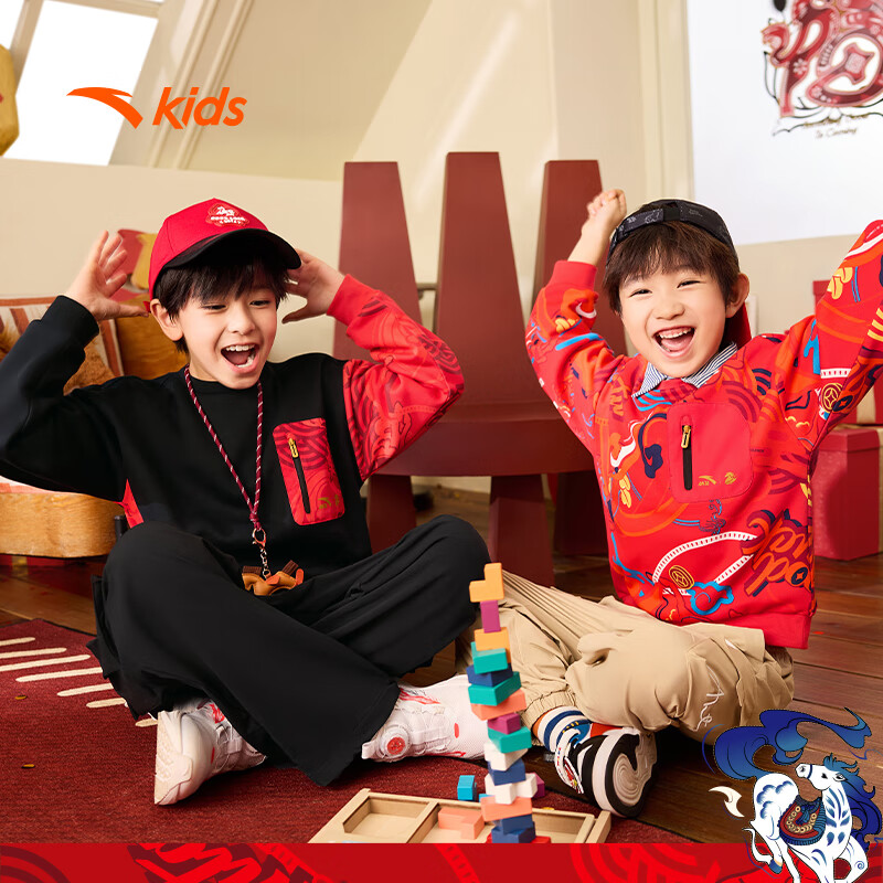 安踏儿童卫衣男女大小童装春季新年款马年喜庆红色加绒保暖亲肤套头衫 【店长推荐】传奇红8739 -1 150 cm