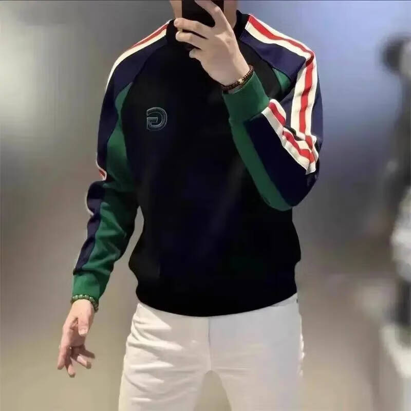 罗鸣老人【轻奢正品】秋冬新款男士加绒长袖欧货条纹撞色卫衣刺绣打底衫 黑色（加绒加厚） 3XL （建议160-175斤）