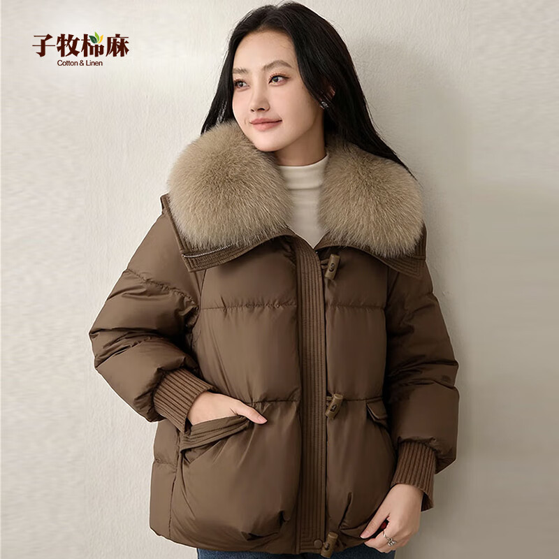 子牧棉麻冬装 女洋气毛领棉服宽松长袖牛角扣棉衣外套上衣6606 咖啡色 S (建议95-115斤) 京东折扣/优惠券
