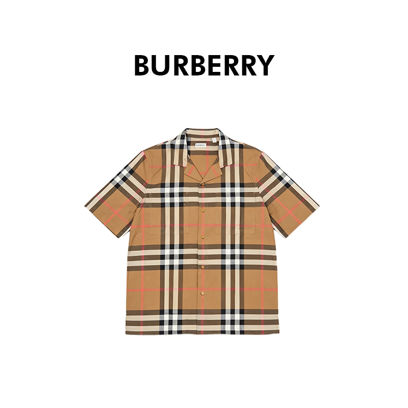 BURBERRY博柏利巴宝莉男士棕色拼色棉质混纺格纹印花短袖衬衫81042011 S