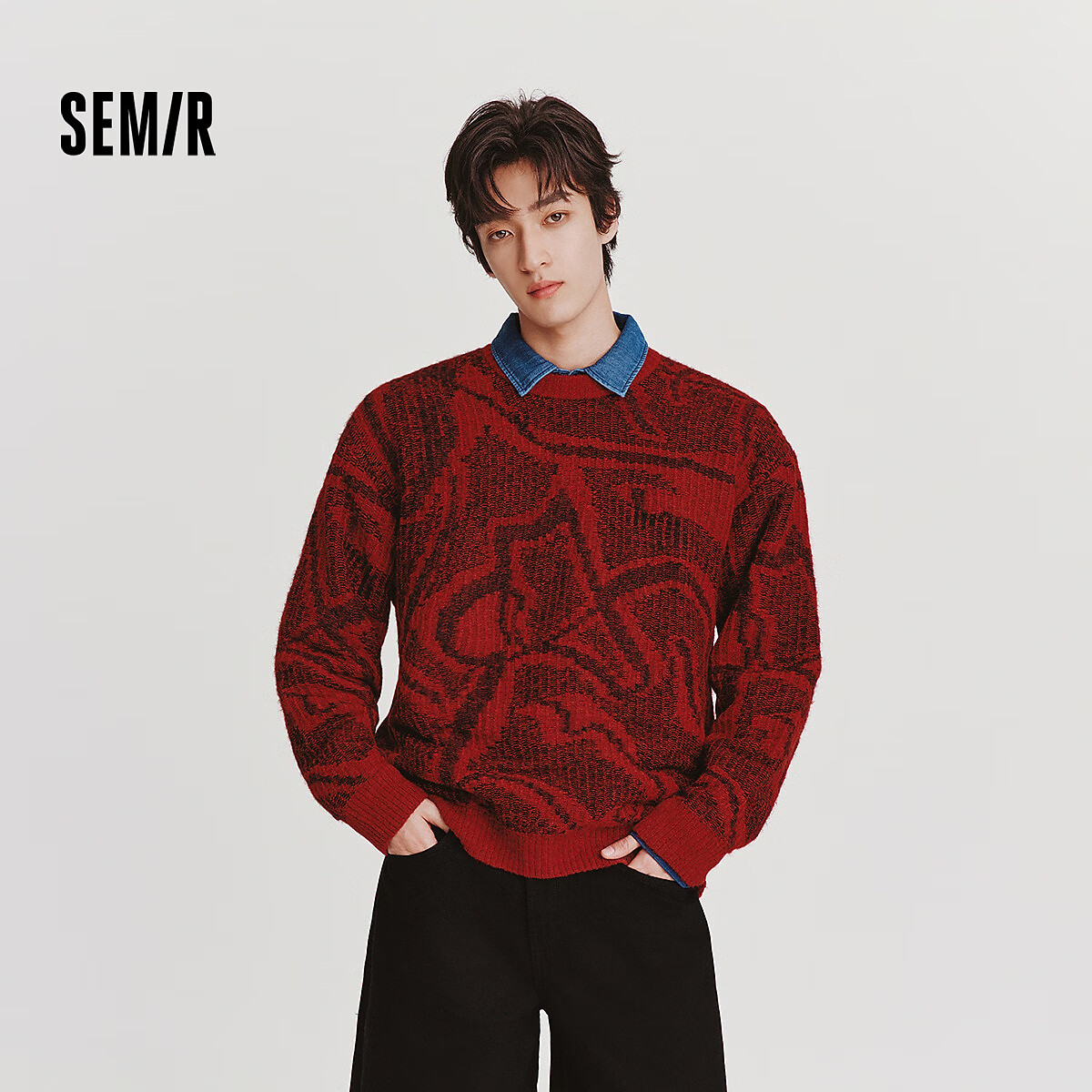 森马（Semir）毛衫男春季双面穿满印毛衣2026新款抽象线稿马提花圆领针织衫 红色调00366 M