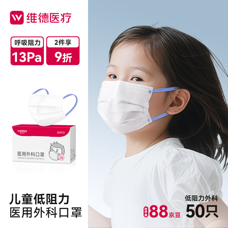 维德（WELLDAY）医用外科口罩灭菌级防尘防柳絮口罩轻薄透气挂耳式保暖透气口罩 【儿童外科】独立装1盒50只