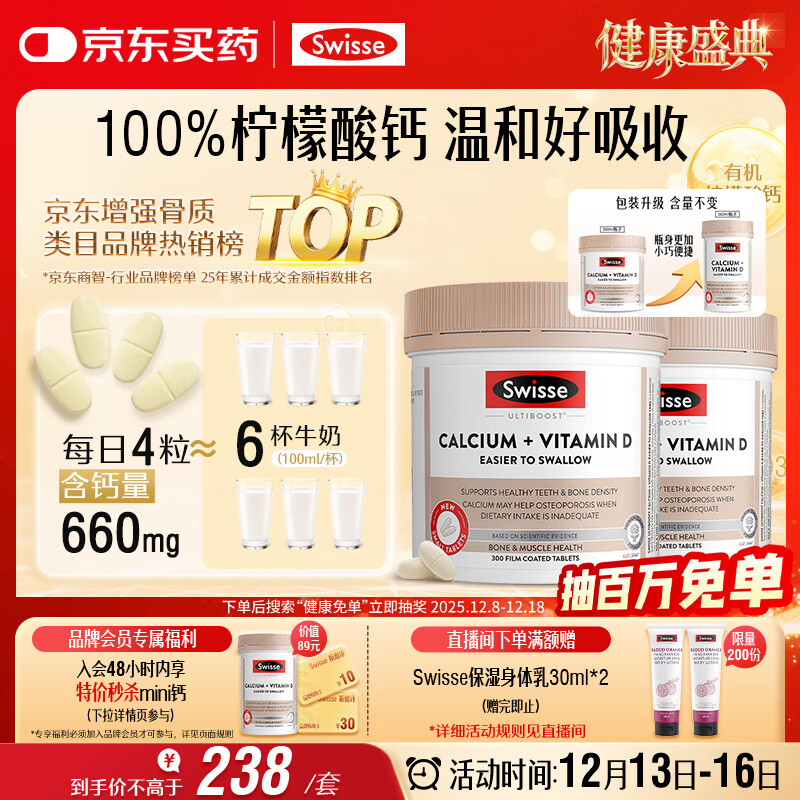 Swisse斯维诗钙+维生素D迷你钙片中老年成人孕妇补钙 柠檬酸钙300片*2瓶