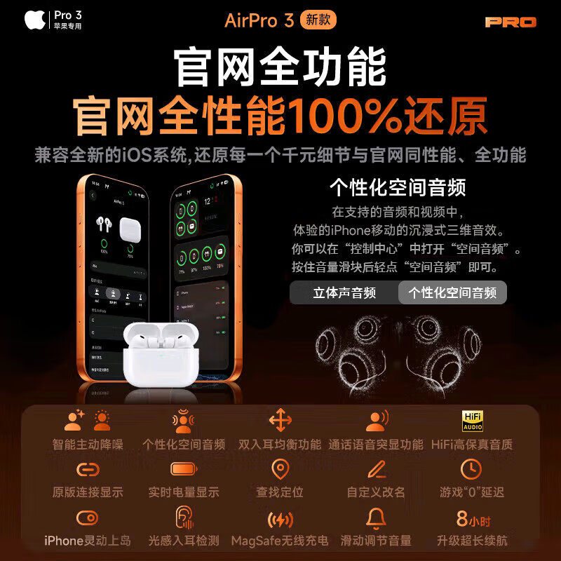 卡米乐2026新款华强北AirPro3顶配版适用于苹果iPhone全系列入耳式无线蓝牙耳机ANC主动降噪通透改名定位 Pro3顶配版【主动降噪+空间音频+三真电量+弹窗动画】 纯原版1:1陶瓷白色
