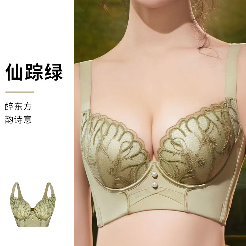 沪黛红色刺绣蕾丝文胸聚拢显大五排扣不空杯不跑杯防下垂调整型 仙踪绿 90C