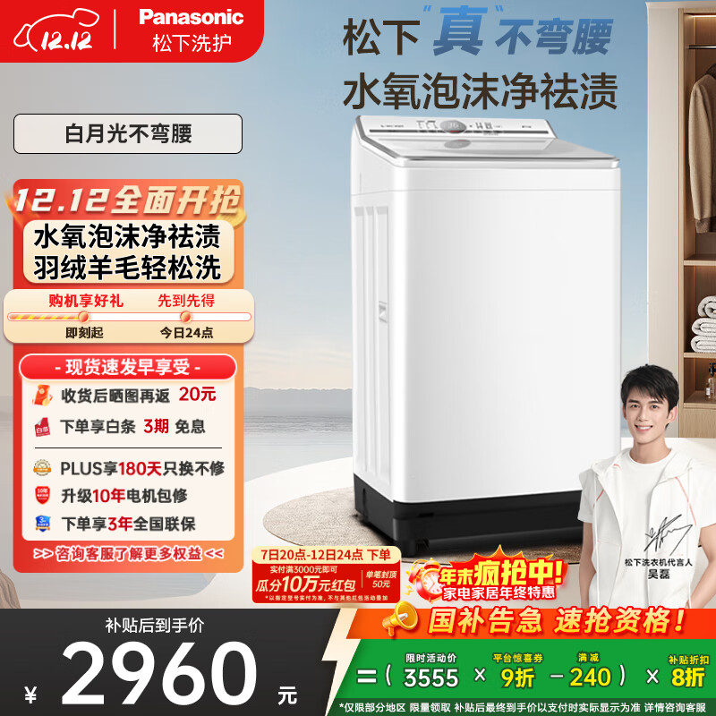 松下（Panasonic）【吴磊推荐】波轮洗衣机全自动10kg白月光不弯腰4.0 水氧泡沫羊毛羽绒洗内衣洗国家补贴20%