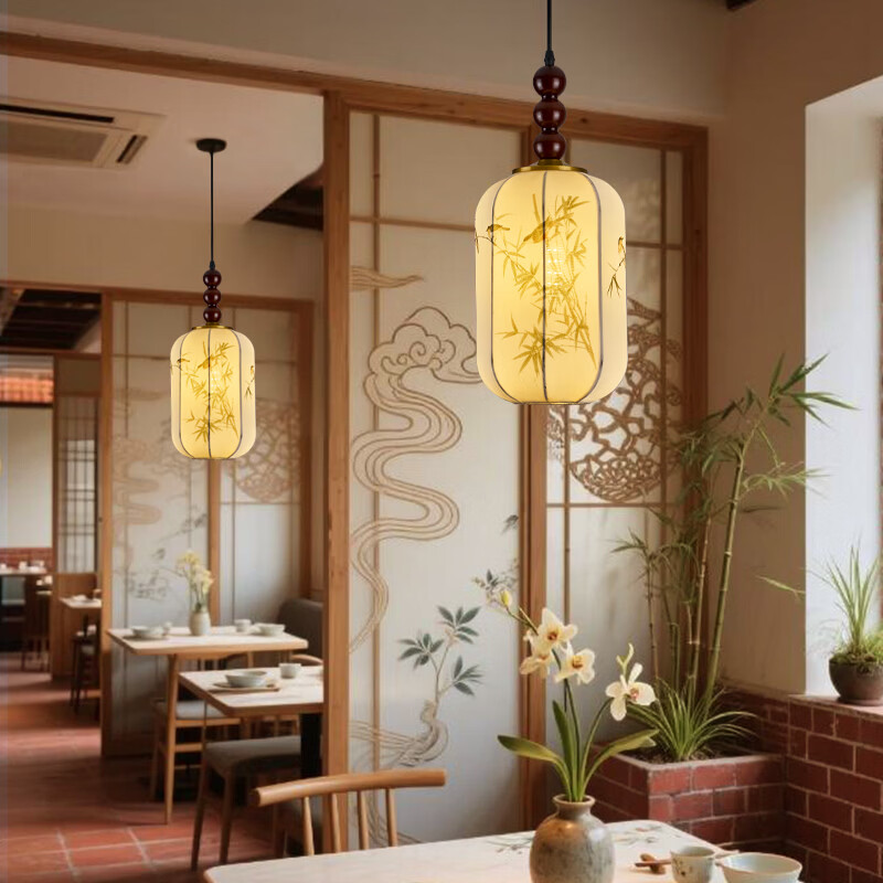 宋代美学小吊灯茶室卧室床头玄关新中式灯笼吊线灯具中山餐厅灯 竹报平安-全光谱三色变光 三珠品【长45cm】