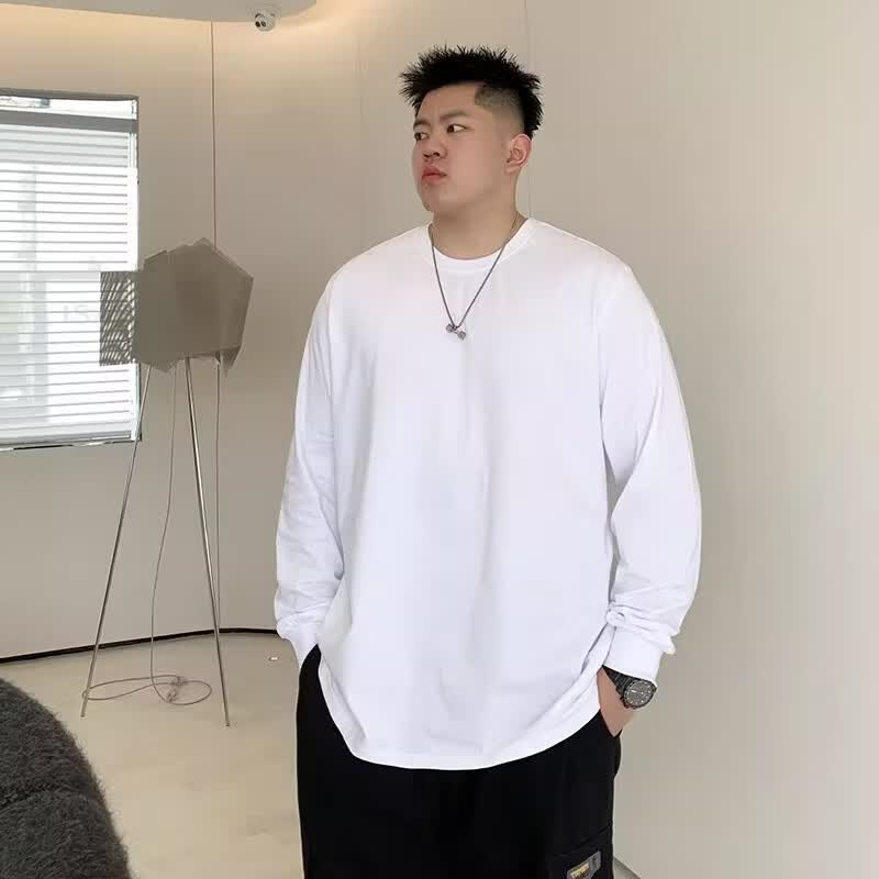 潮衫酷春秋季纯色打底纯棉长袖t恤男士胖子宽松大码圆领套头内搭上衣服 白色 M 建议85-100斤
