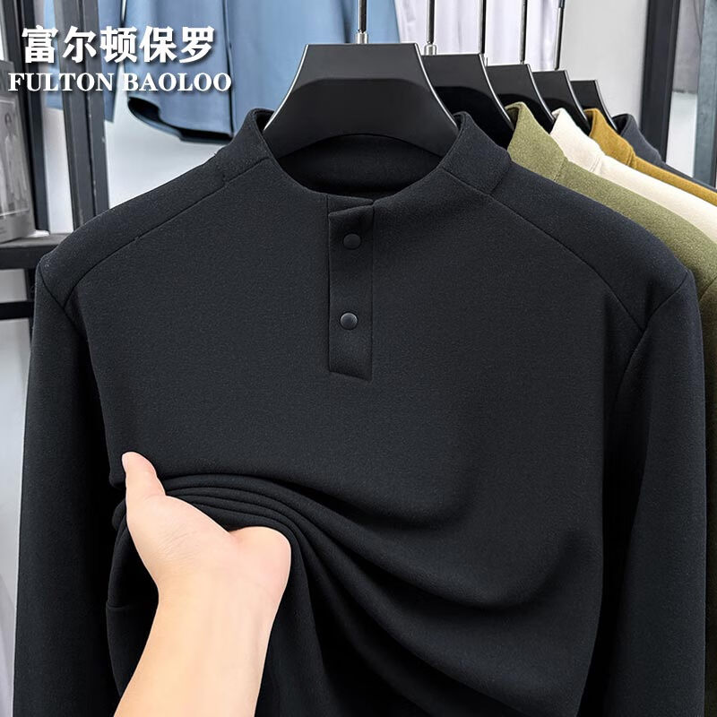 FULTON BAOLOO 富尔顿保罗男士德绒长袖t恤秋冬季保暖纯色打底衫中青年半高领百搭体恤衫潮 黑色 4XL （建议190到210斤穿）