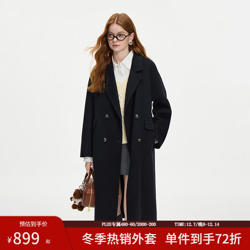 范思蓝恩钻石立裁系列 100%羊毛复古翻领双排扣大衣女秋冬高级感毛呢外套 气质黑 S