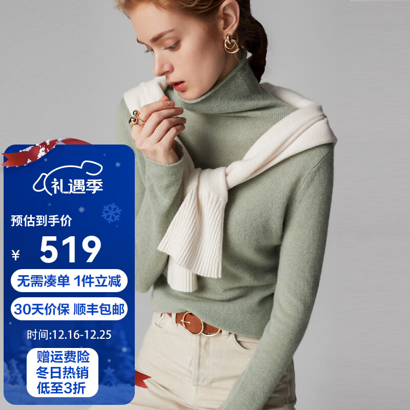 PALUOPO堆领100%山羊绒衫女式套头纯色打底针织秋冬保暖毛衣ET20055R 薄荷绿 M 160/100