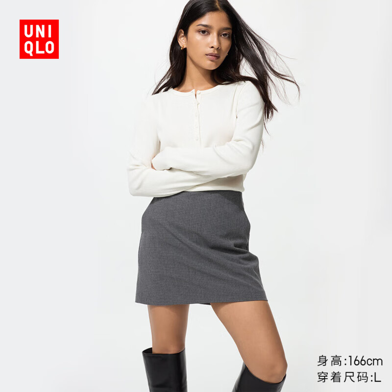 优衣库女装罗纹亨利领T恤/长袖修身短款内搭打底479591 487908 479591/01乳白色 M