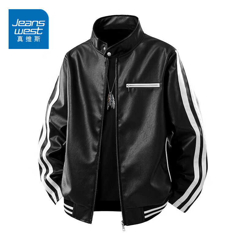 真维斯（Jeanswest）美式复古机车风皮衣男2026秋季立领飞行夹克外套 黑色 2XL